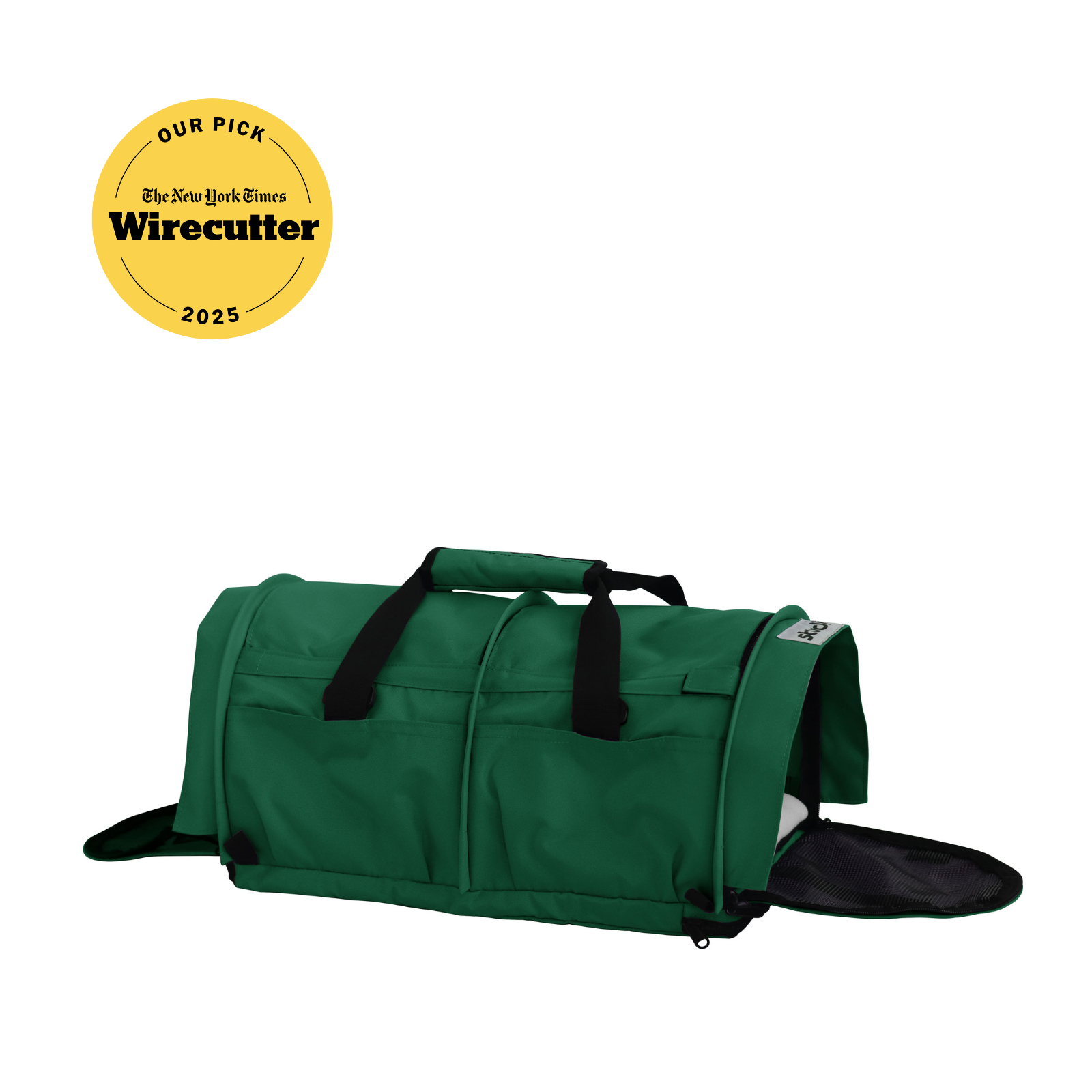 Green SturdiBag Pro 3.0 soft-sided pet carrier with mesh panels and top handle, open on one end.