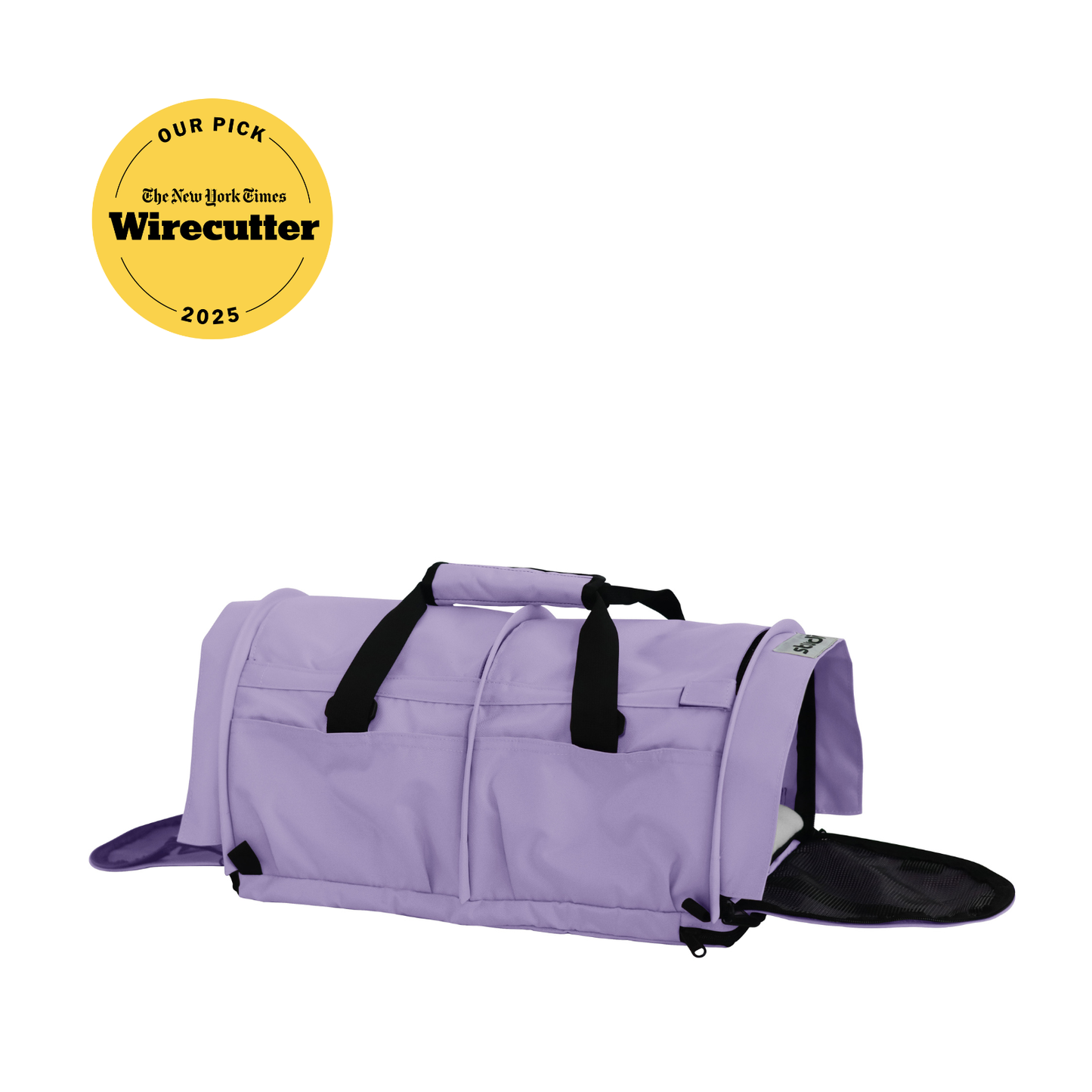 Lavender SturdiBag Pro 3.0 soft-sided pet carrier with black handles, mesh panel, and open side entry.