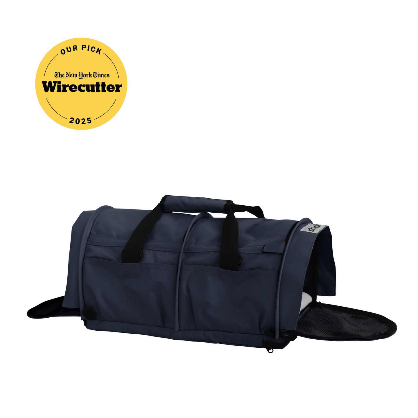 Navy blue SturdiBag Pro 3.0 soft-sided pet carrier with mesh window and top handle.