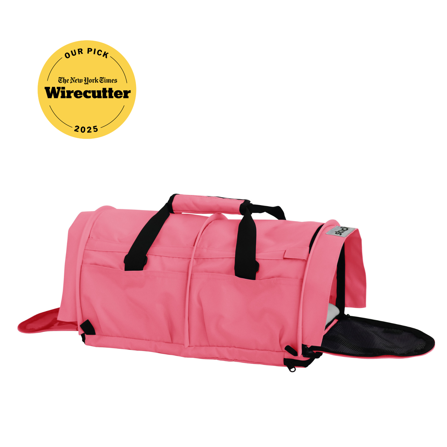 Pink SturdiBag Pro 3.0 soft-sided pet carrier with mesh panels, top handle, and open side entry.