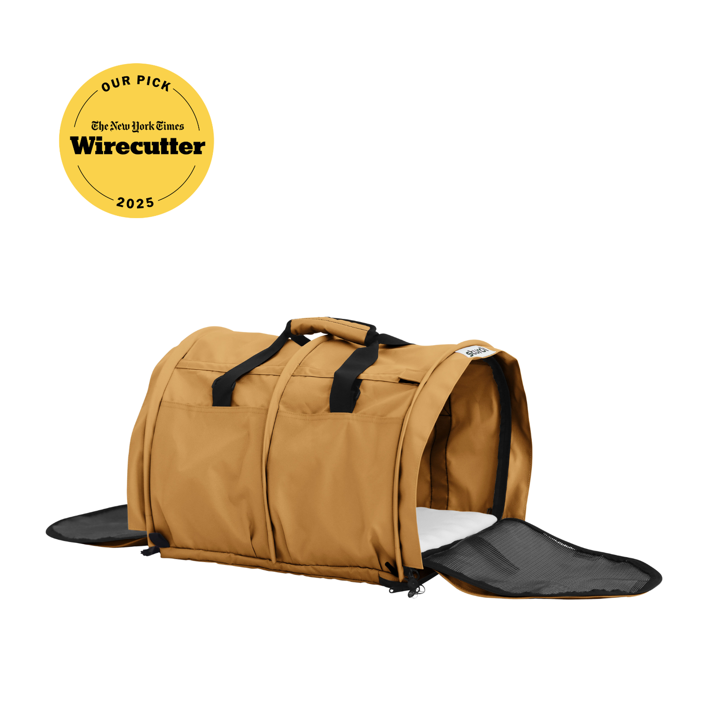 Tan SturdiBag Pro 3.0 soft-sided pet carrier with black mesh panels, open side entry, and top handles.