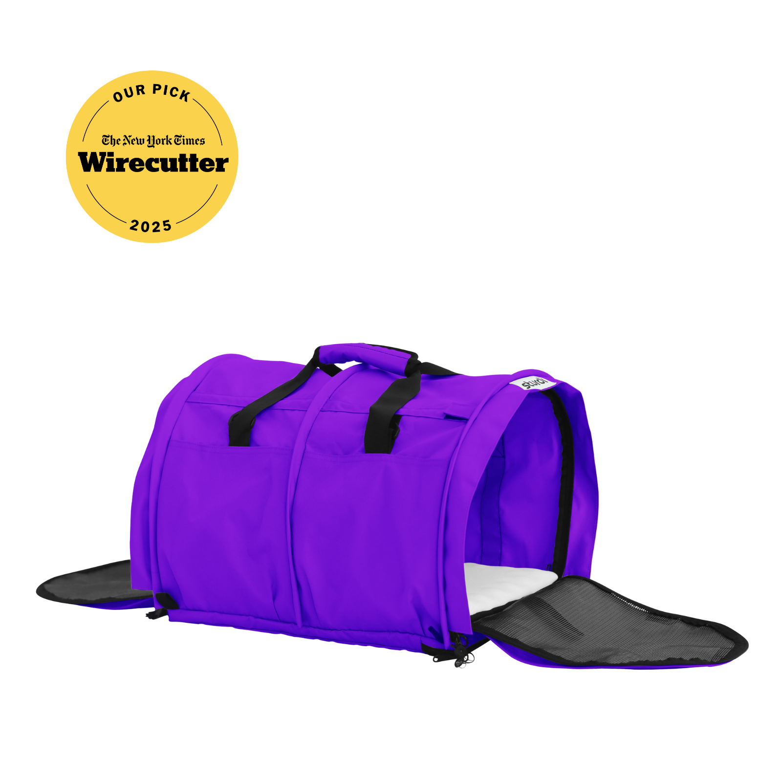Purple SturdiBag Pro 3.0 soft-sided pet carrier with mesh panels and open front flap, showing white pad.