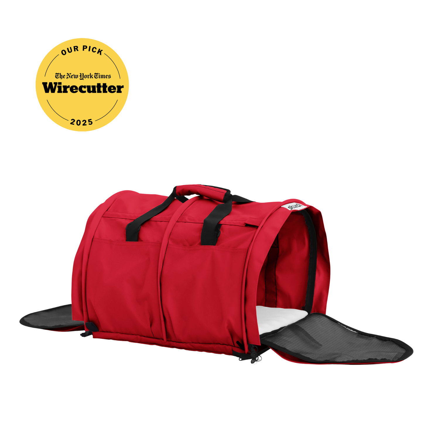 Red SturdiBag Pro 3.0 soft-sided pet carrier with mesh panels and open end, Wirecutter pick.