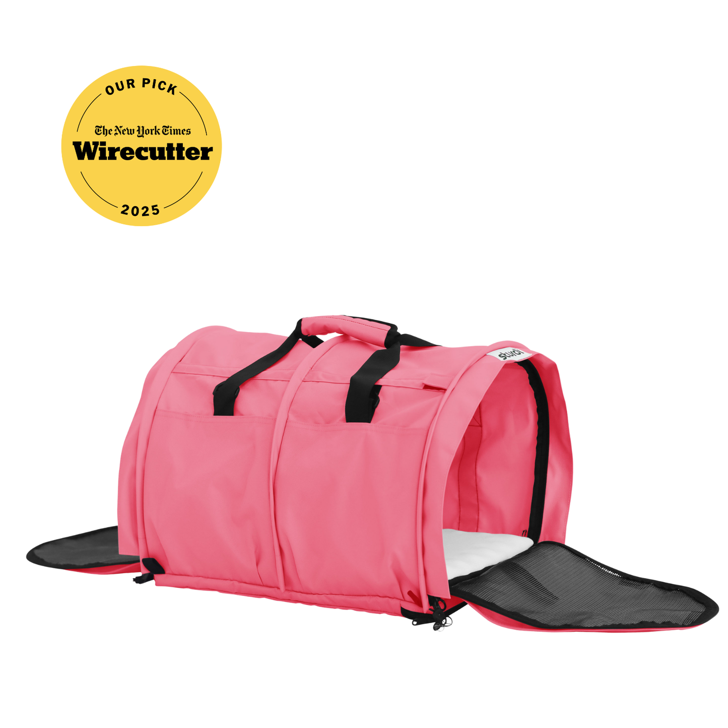 Pink SturdiBag Pro 3.0 soft-sided pet carrier with mesh panels and open front flap.