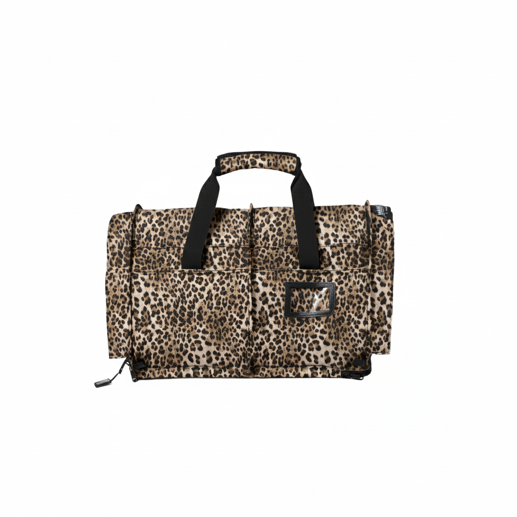 Leopard print SturdiBag Pro 3.0 soft-sided pet carrier with black handles and ID window.