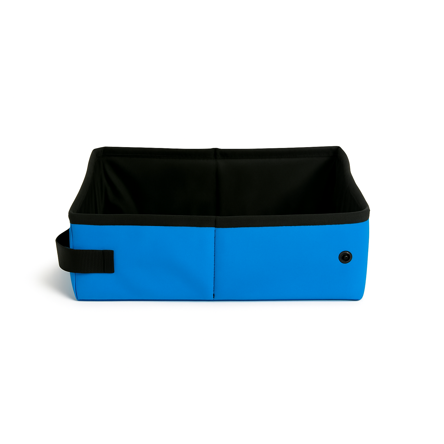 Bright blue SturdiBox portable litter box with black interior, handle, and snap closure.