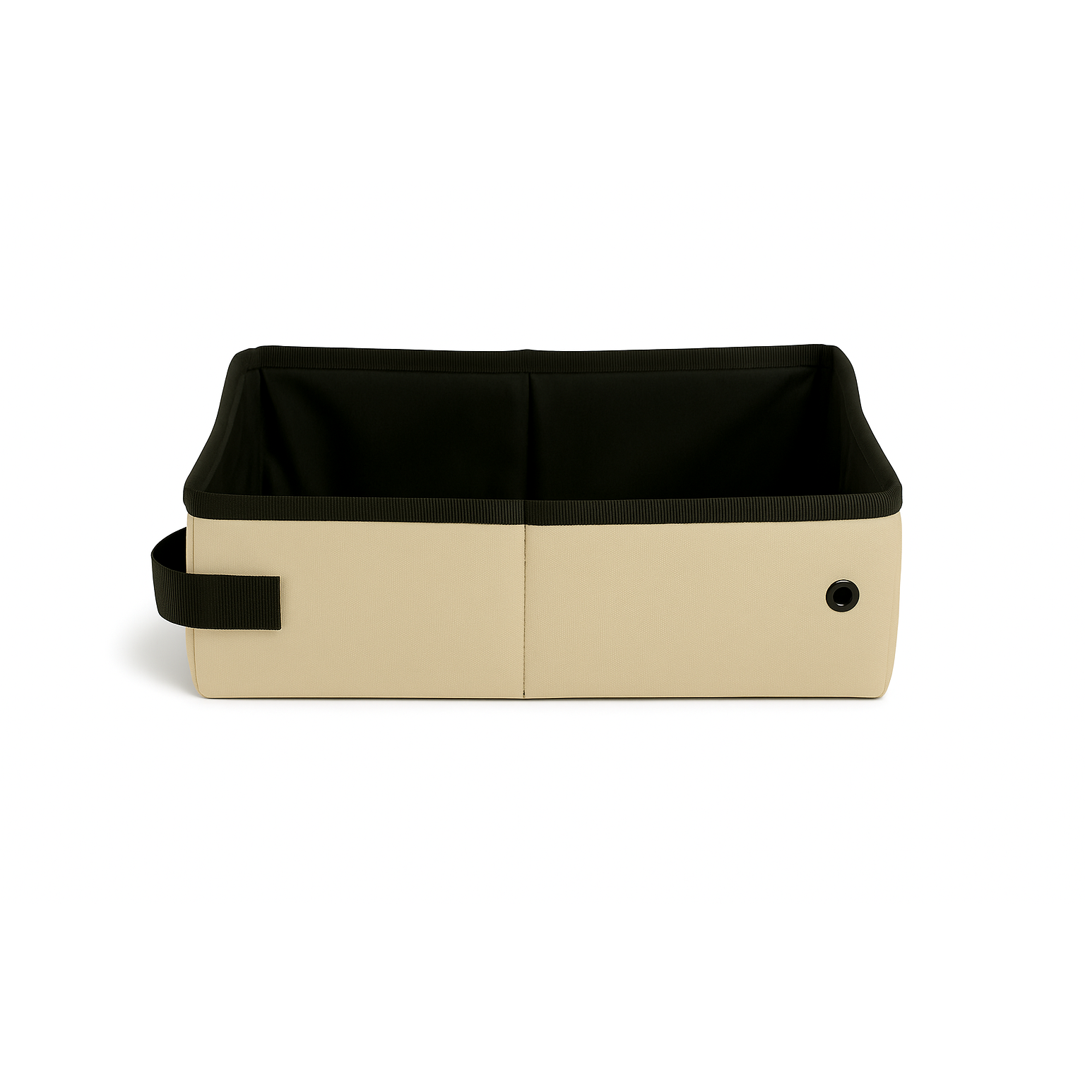 Beige and black collapsible SturdiBox portable litter box with a handle and grommet.