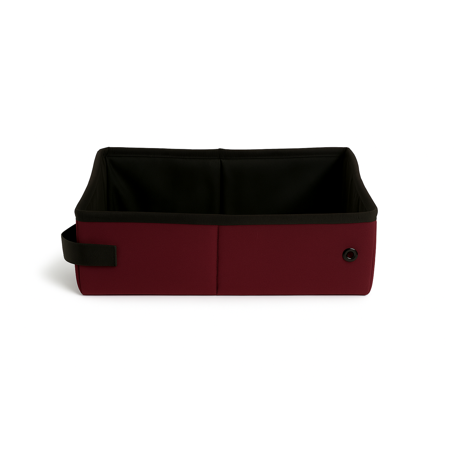 Maroon SturdiBox portable litter box with black trim, handles, and interior, on a white background.