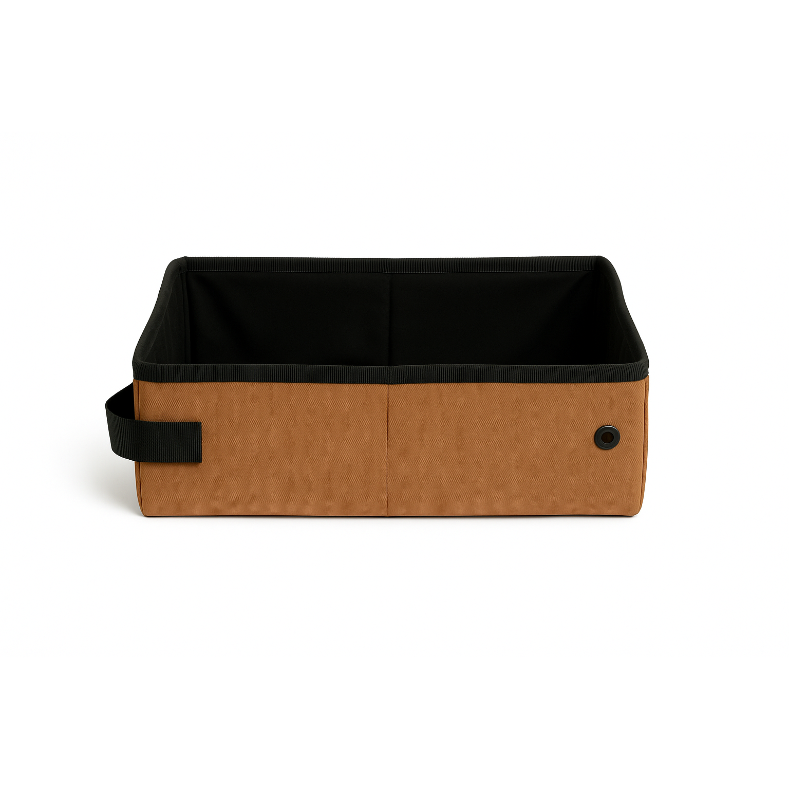 Brown and black collapsible SturdiBox portable litter box with handle and snap closure.