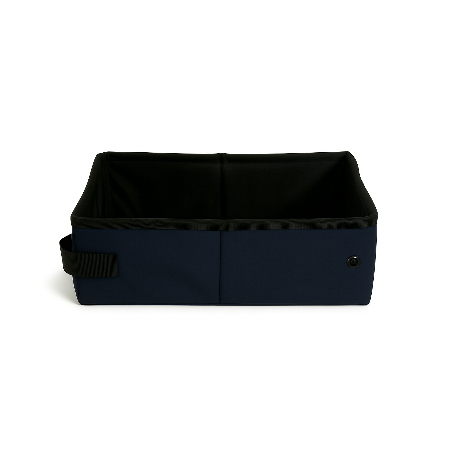 Navy blue SturdiBox portable litter box, open and ready for use, with a black interior and side handle.
