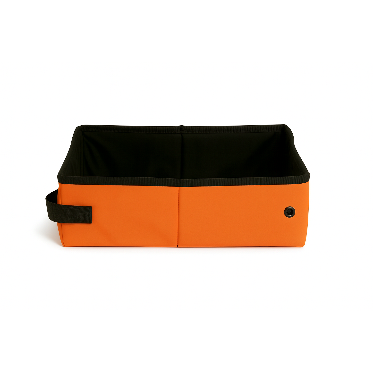 Orange SturdiBox portable litter box, collapsible and waterproof, with black interior and handle.