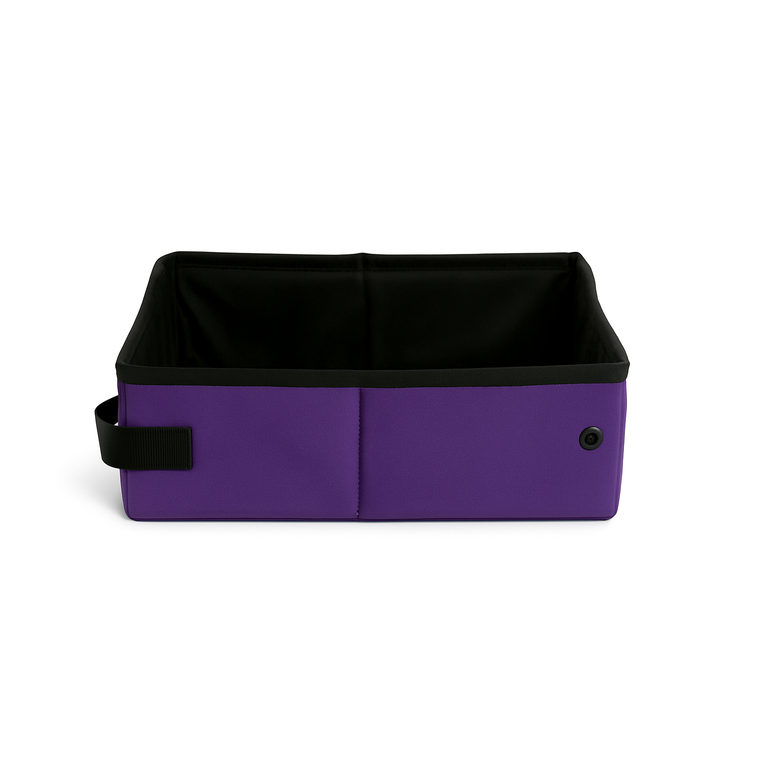 Purple SturdiBox portable litter box, collapsible and waterproof, with black interior and side handle.
