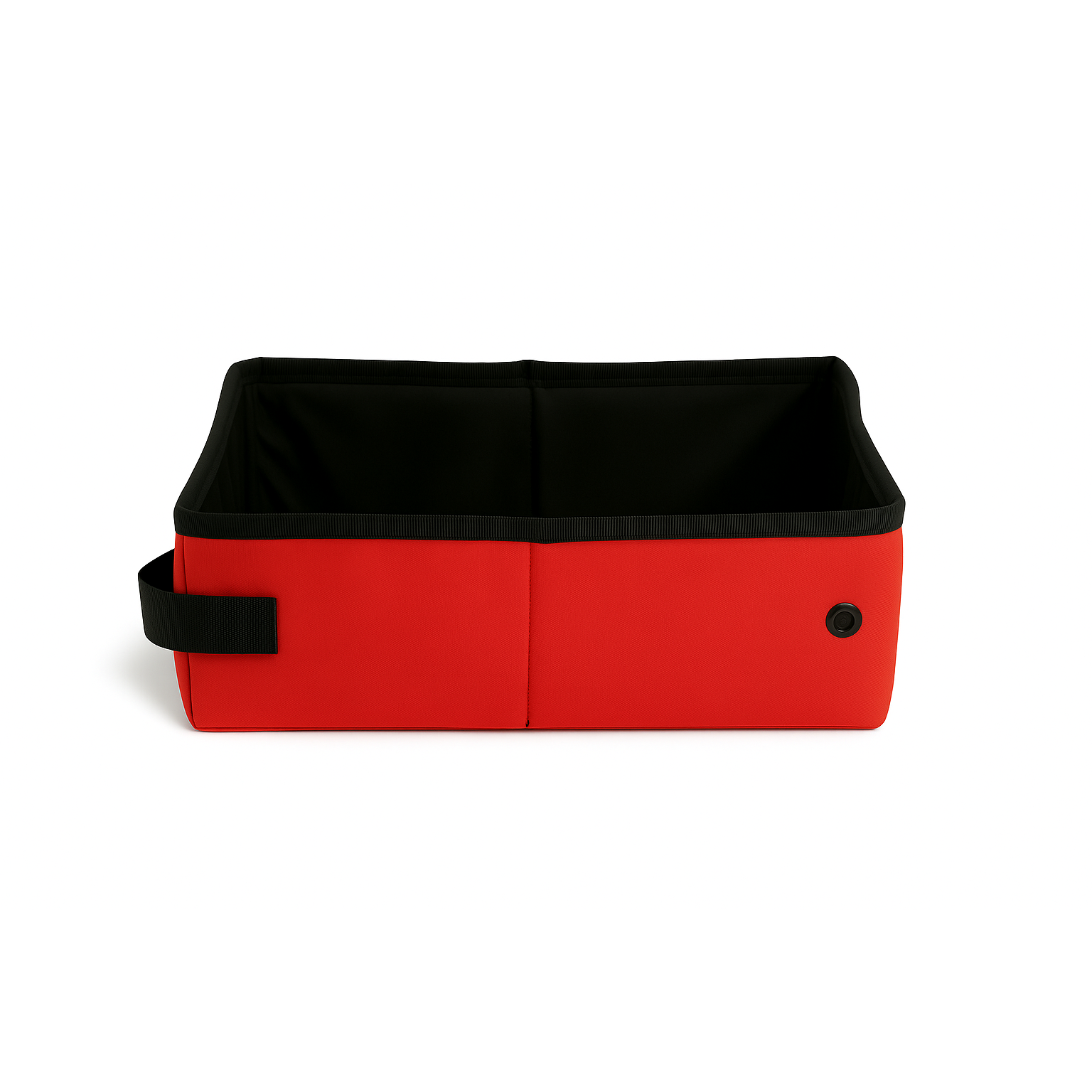Red SturdiBox portable litter box, collapsible and waterproof, with black interior and handle.