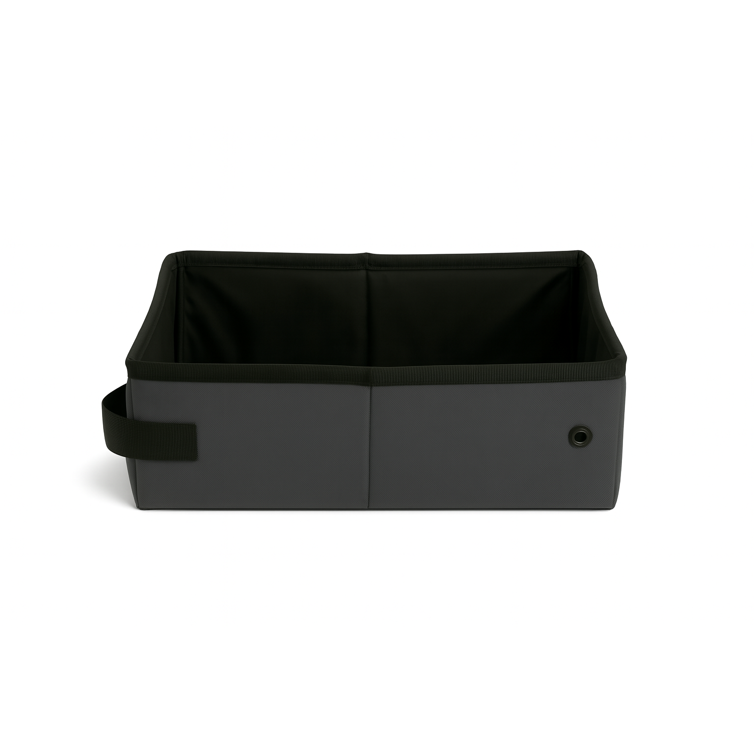SturdiBox portable litter box: a rectangular, collapsible, dark gray and black waterproof fabric container with a handle.