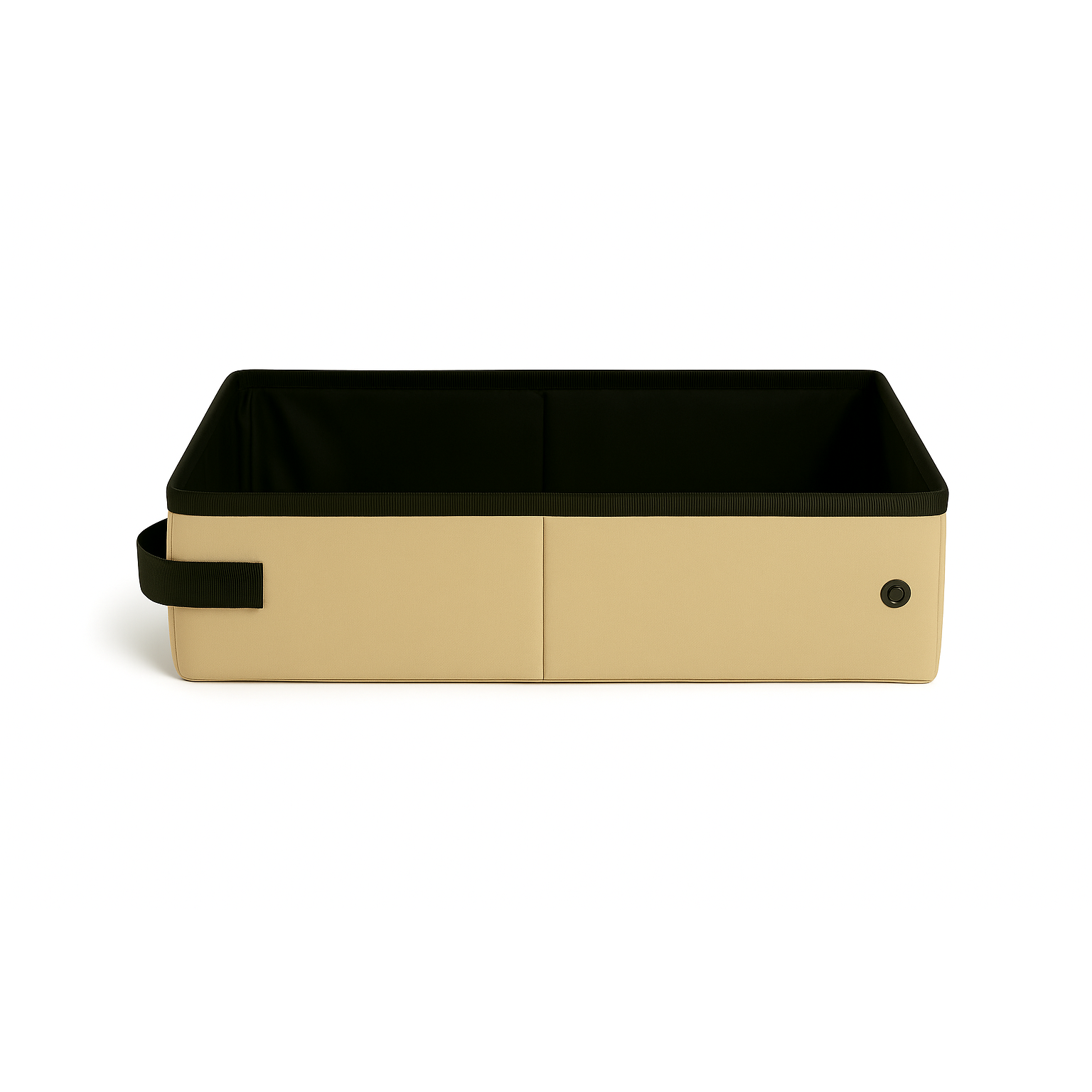 Beige SturdiBox portable litter box with black interior, handle, and snap closure.