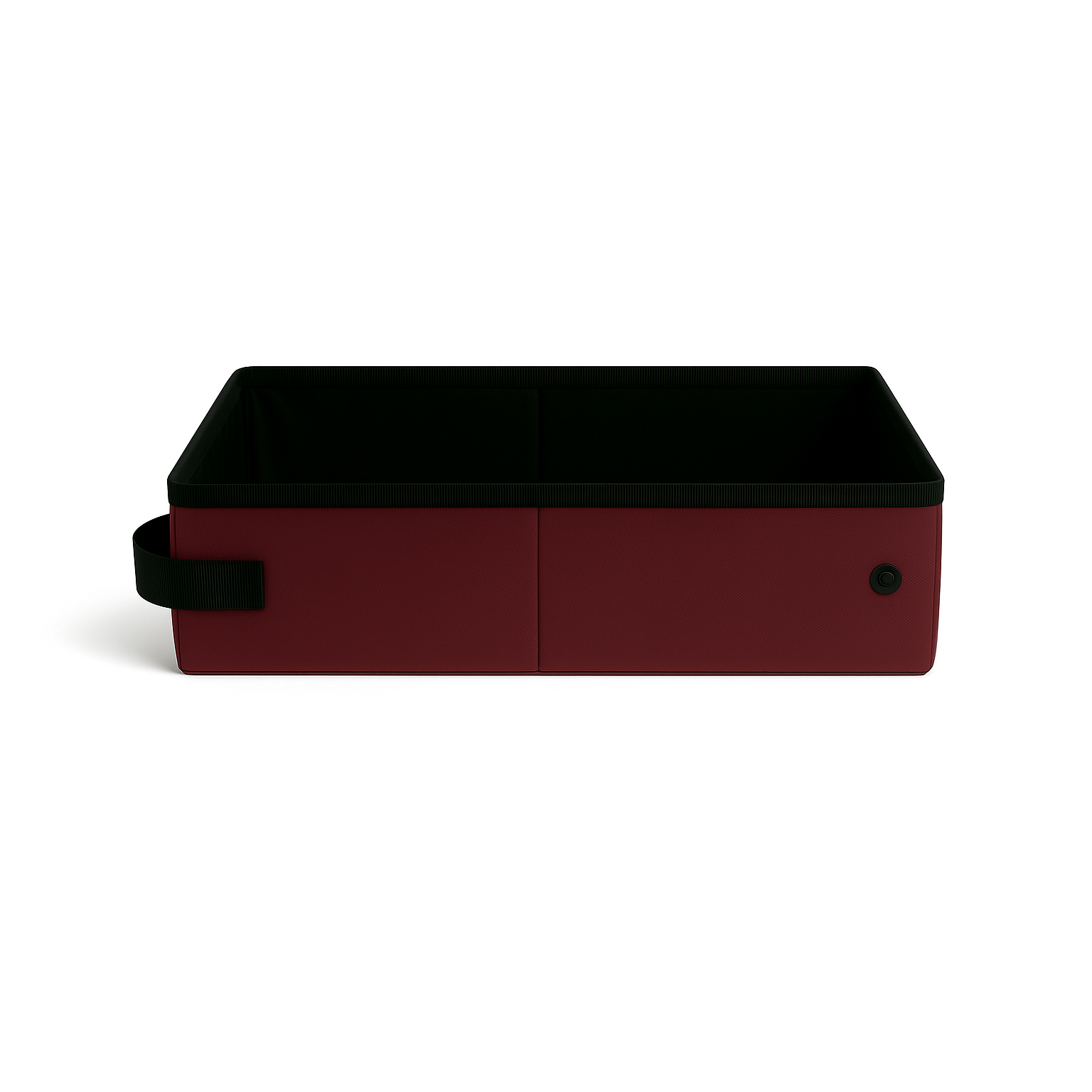 Red SturdiBox portable litter box, rectangular with black interior and handle, on a white background.