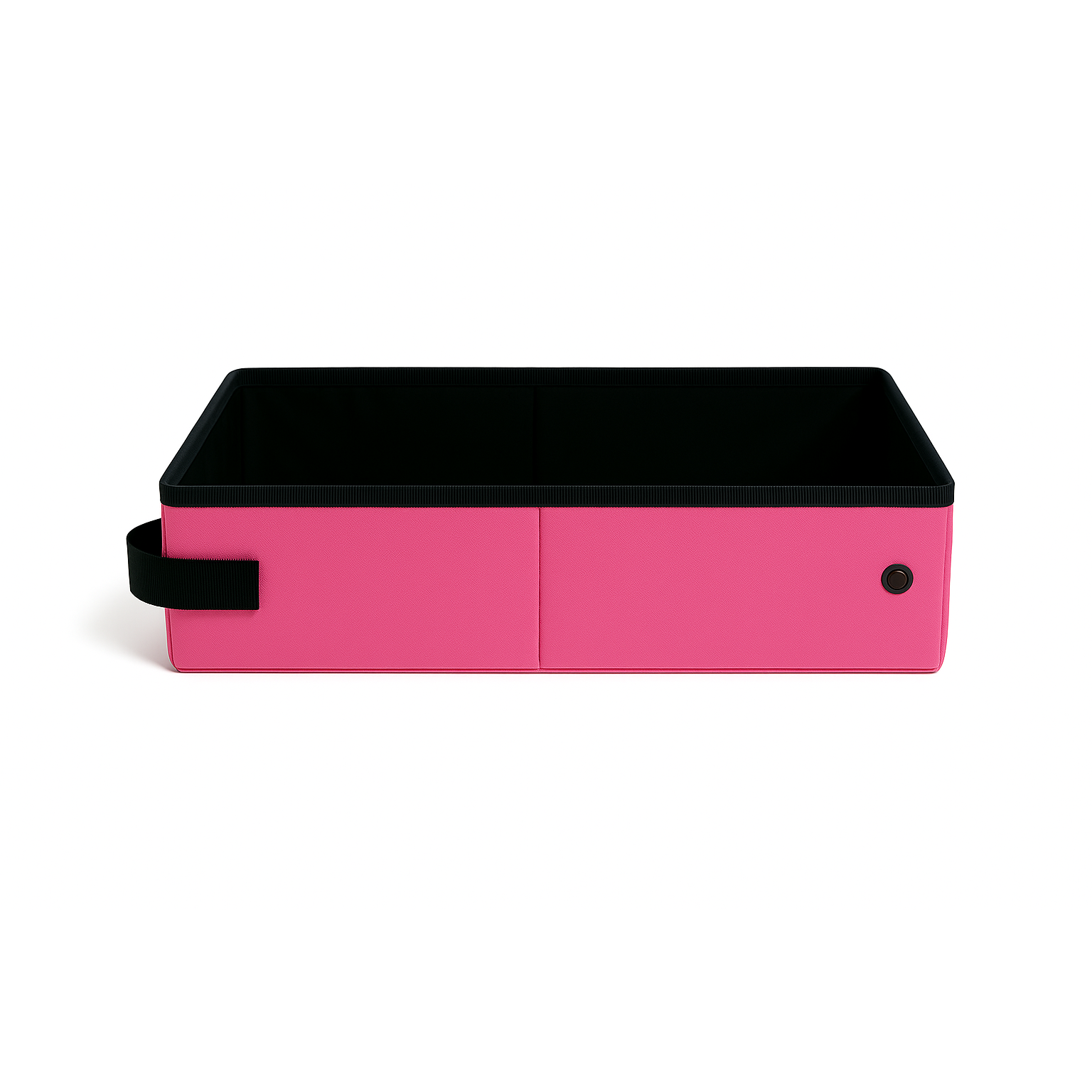 Pink SturdiBox portable litter box, collapsible and waterproof, with black trim, handle, and snap closure.
