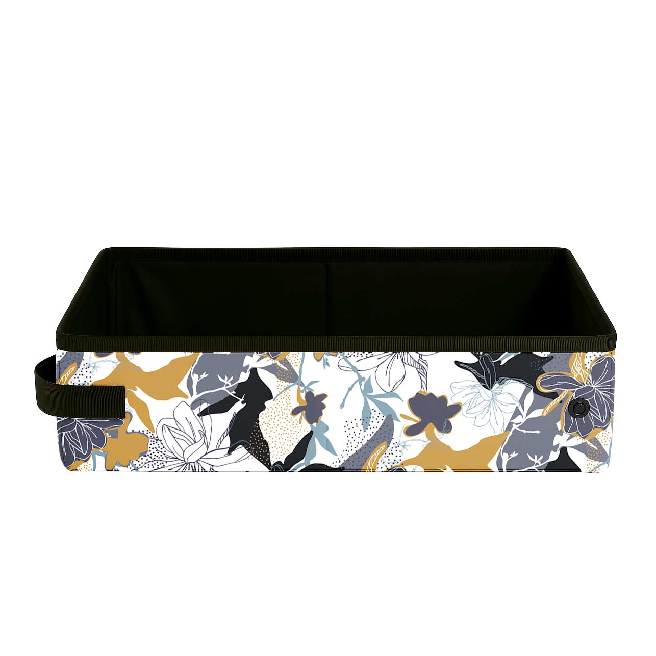 Collapsible SturdiBox portable litter box with a white, gold, grey, and black floral pattern.