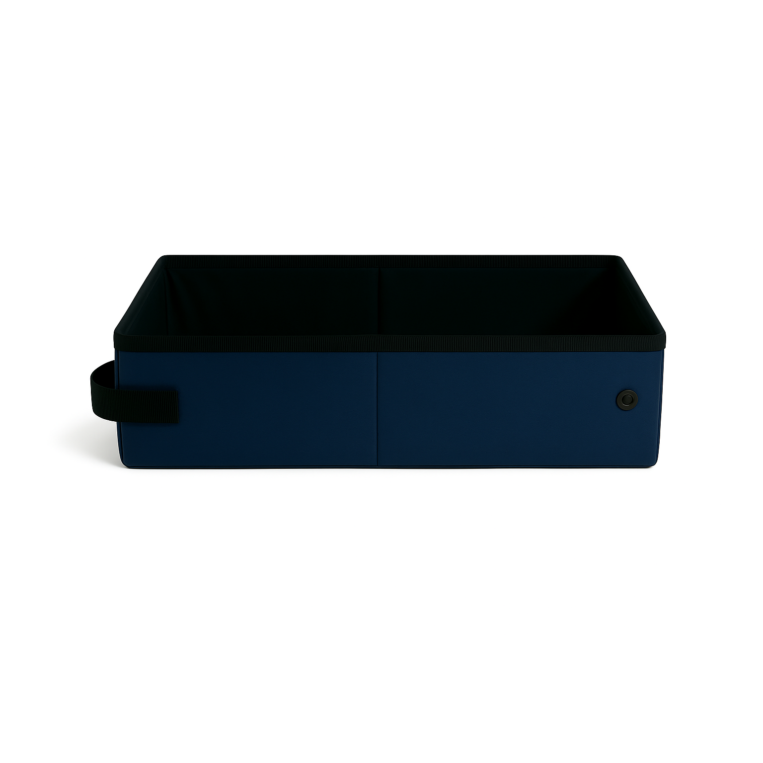 Navy blue SturdiBox portable litter box, collapsed flat with a black handle and snap closure.