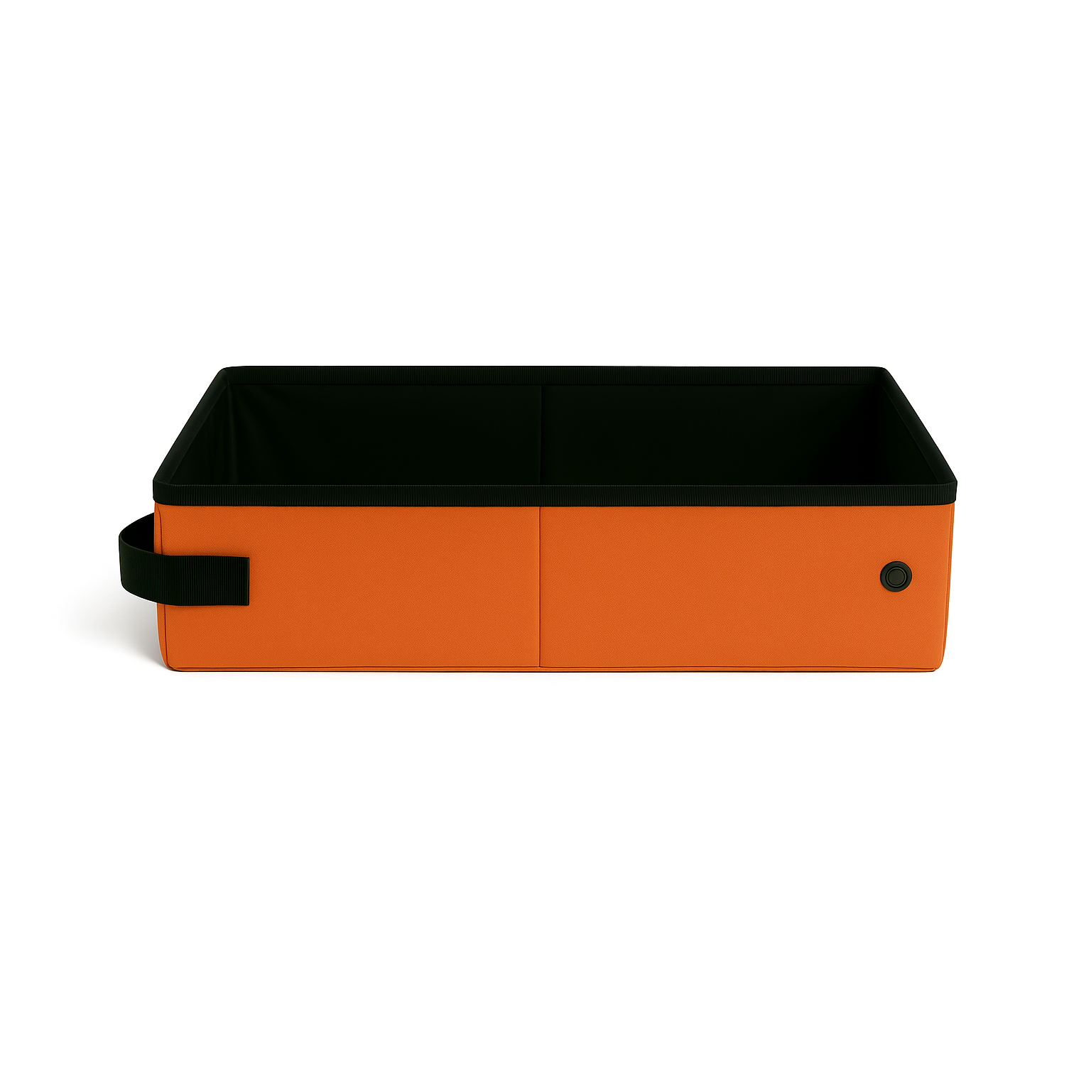 Orange SturdiBox portable litter box with black interior and handle, folded flat.