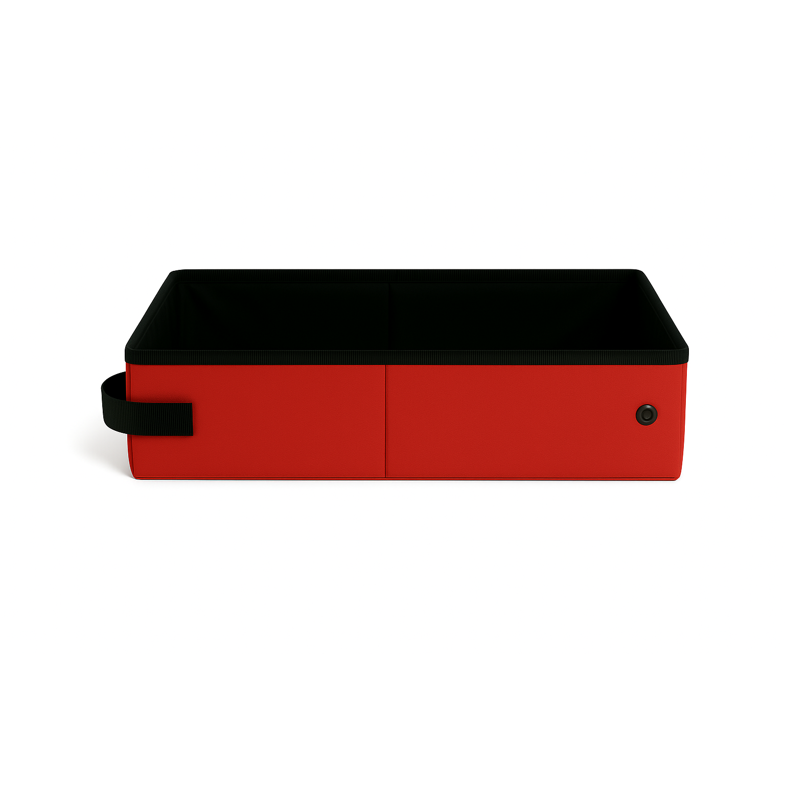 Red SturdiBox portable litter box, rectangular, with black trim, interior, and side handle.