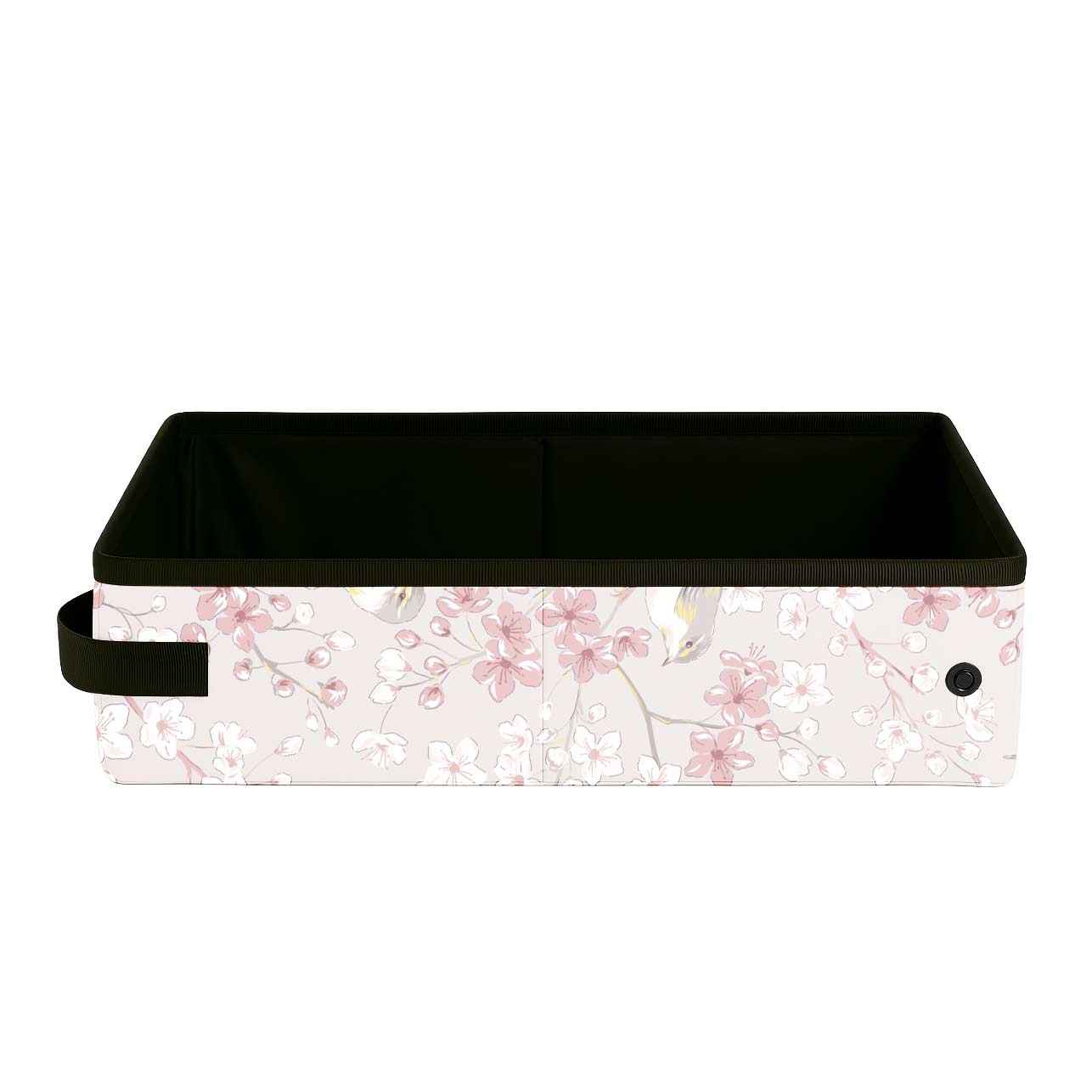 SturdiBox portable litter box in a light pink cherry blossom and bird print, with black interior and handle.