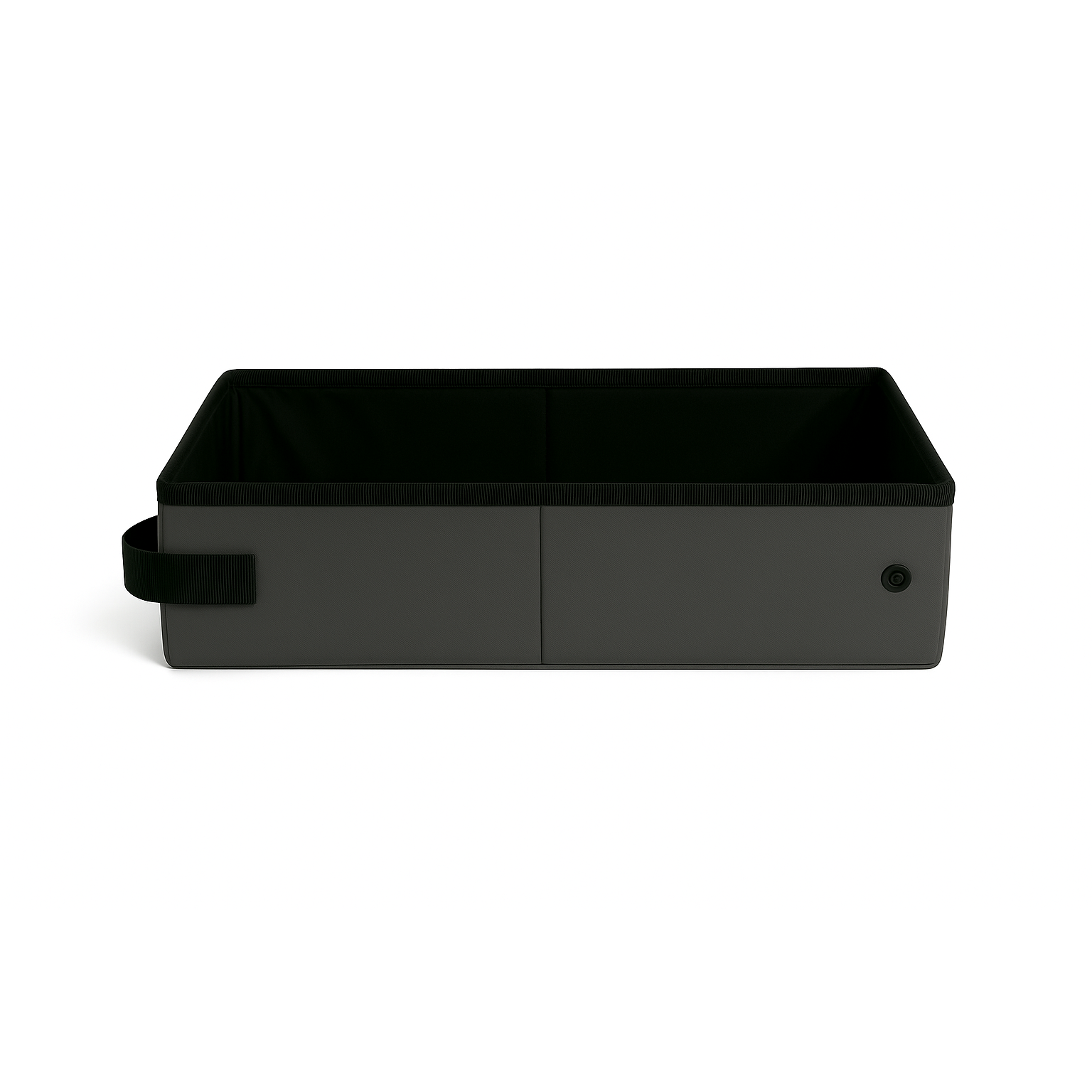 Dark gray portable SturdiBox litter box with black interior, handle, and snap closure.