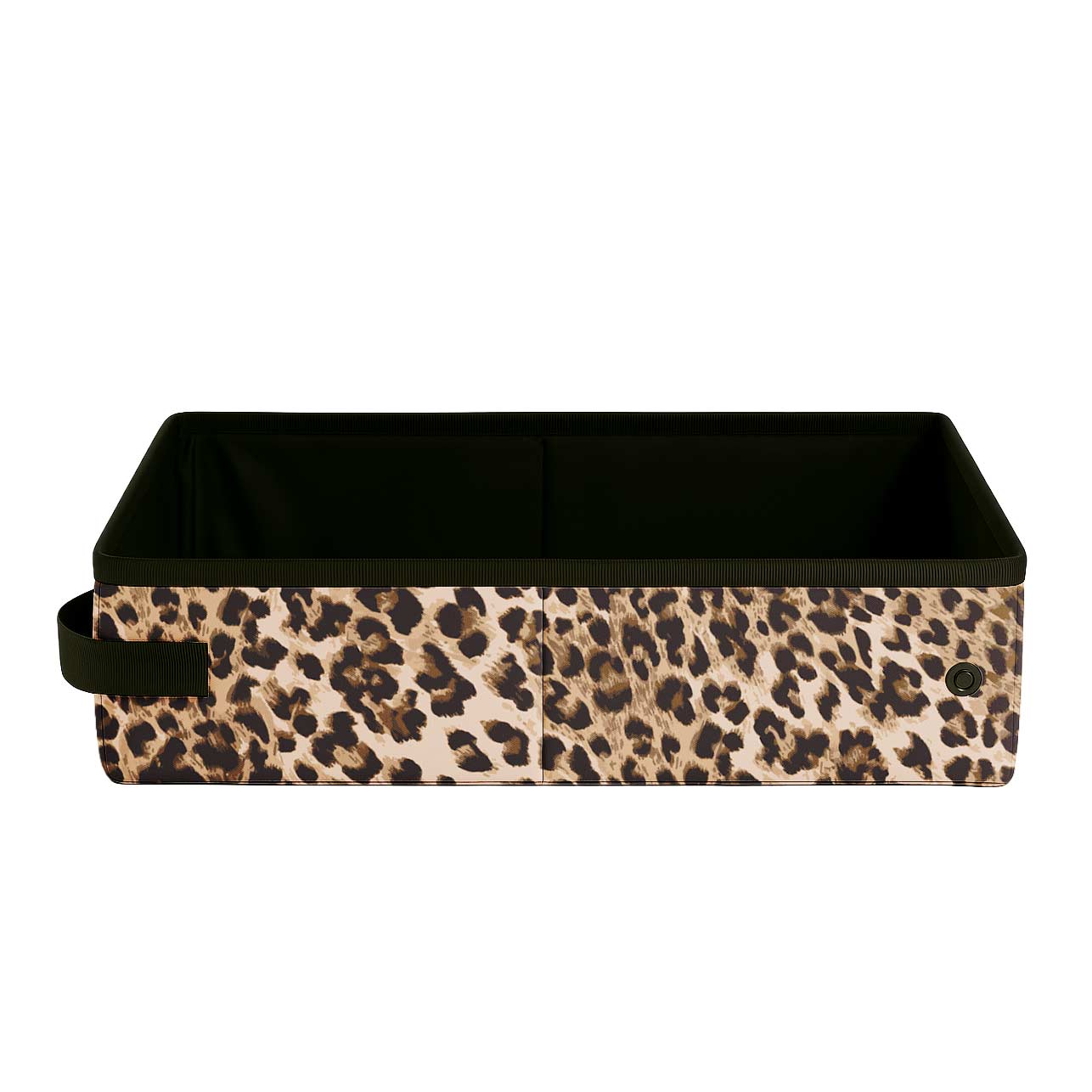 SturdiBox portable litter box in leopard print, with a black interior and side handle.