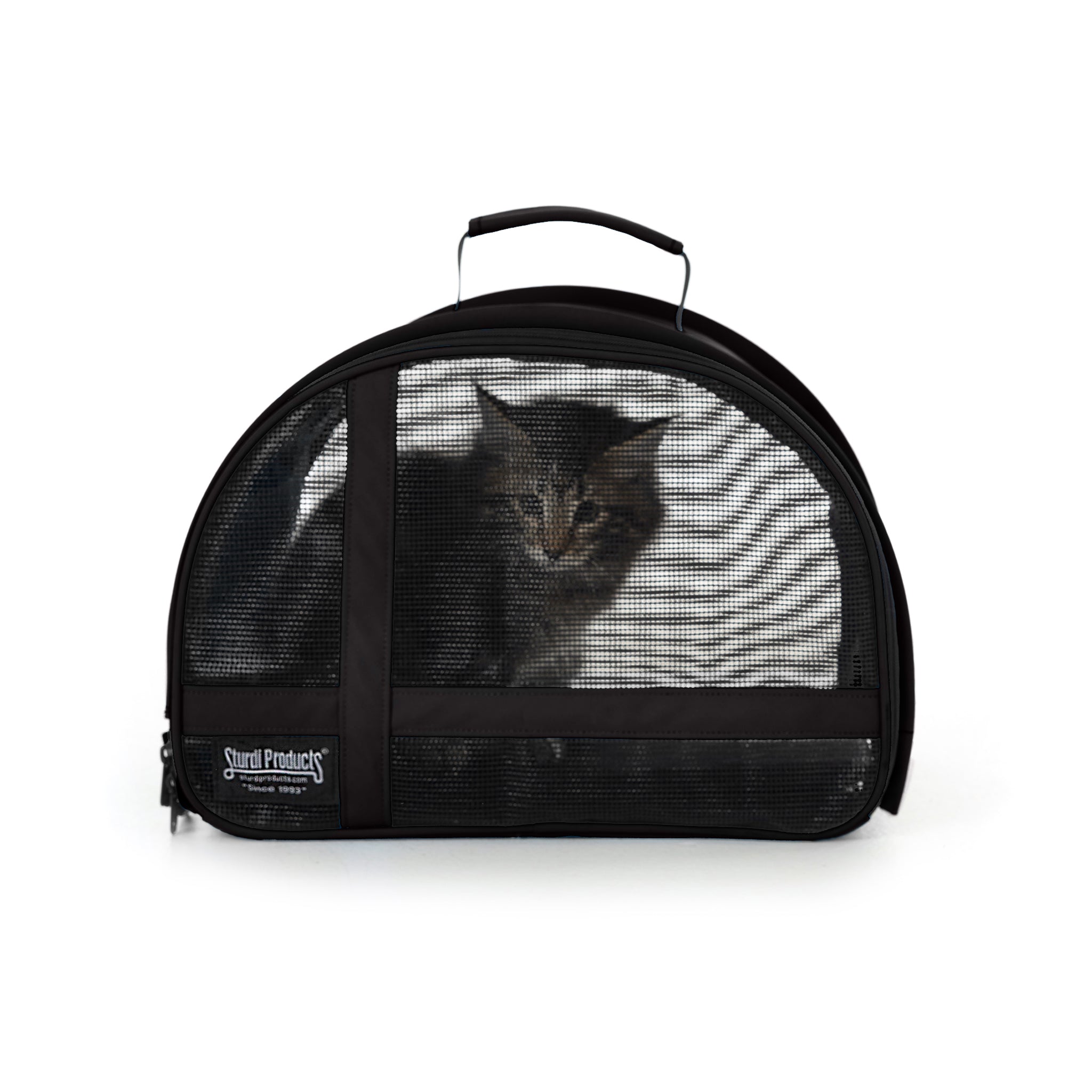 Black Totes'ter compact travel pet carrier with a kitten inside, featuring mesh panels and a top handle.