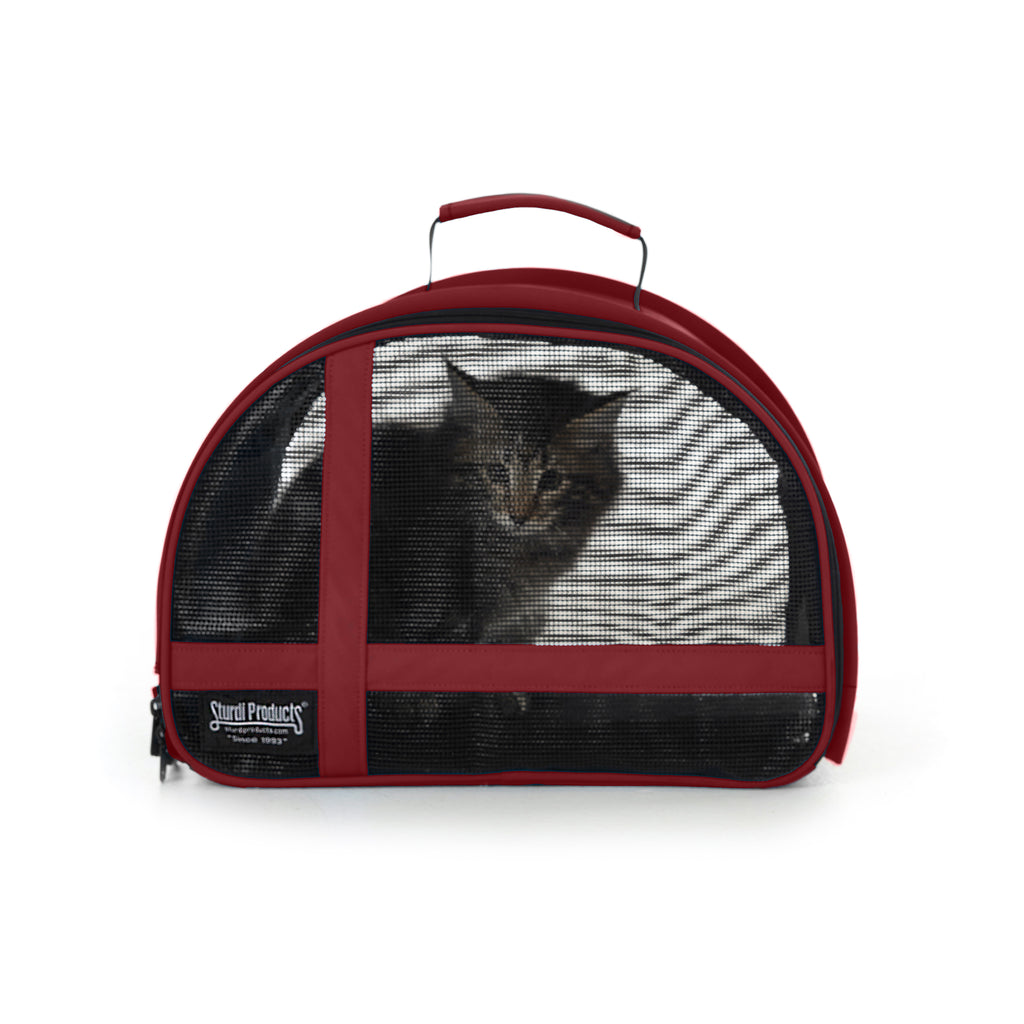 Red compact travel pet carrier with mesh panels, a kitten inside, and top handle.