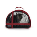 Red compact travel pet carrier with mesh panels, a kitten inside, and top handle.