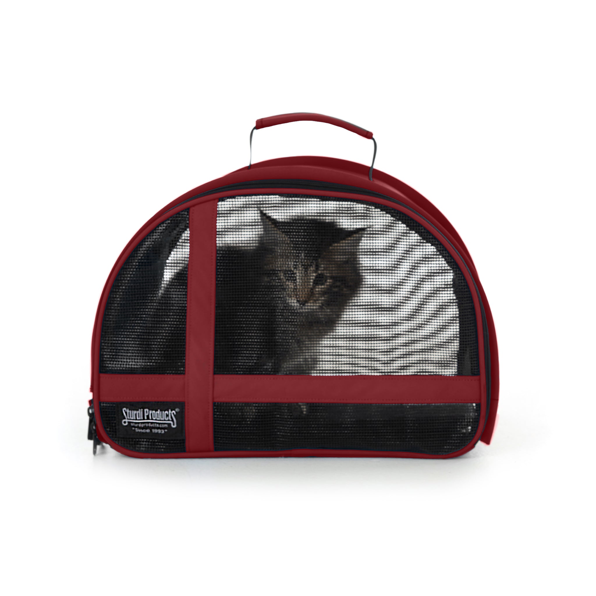 Red compact travel pet carrier with mesh panels, a kitten inside, and top handle.