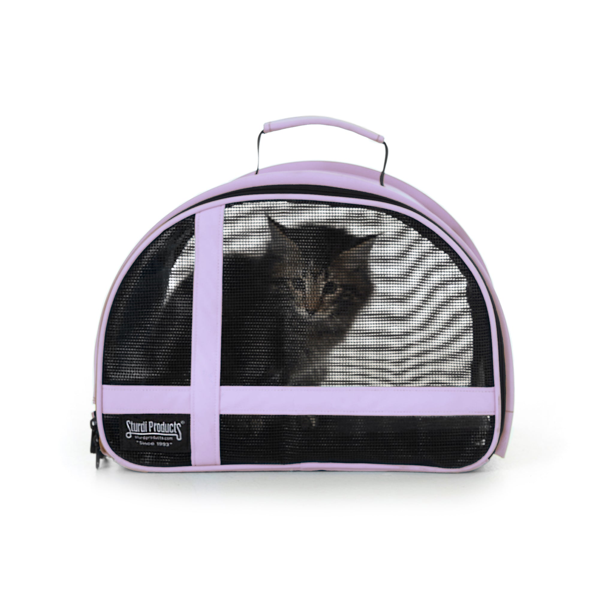 Lavender compact pet carrier with a kitten inside, featuring black mesh panels and a top handle.