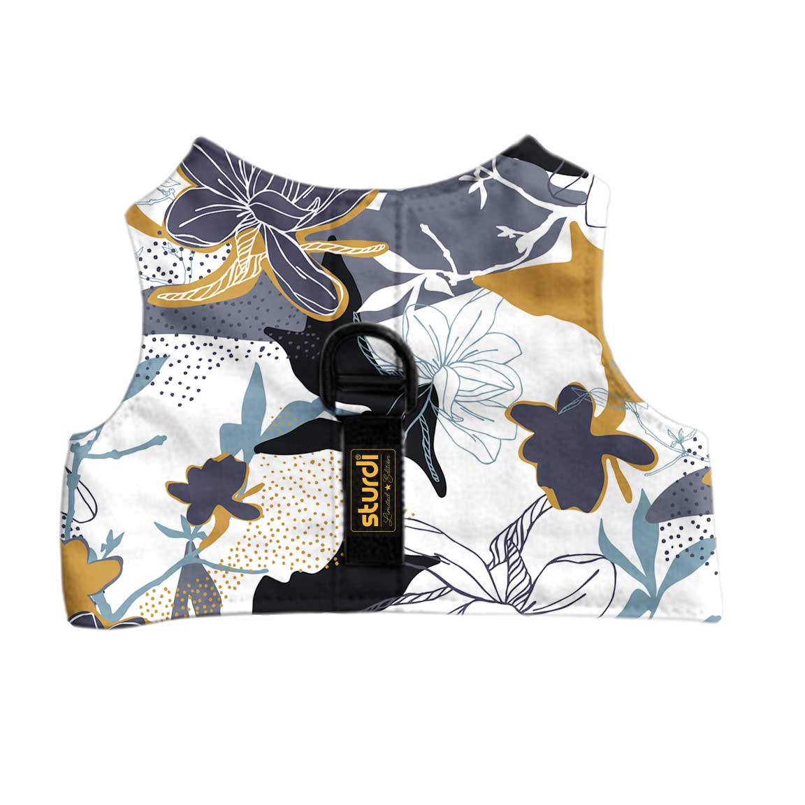 Sturdi Walking Vest with a limited edition floral print in white, blue, gold, and grey.