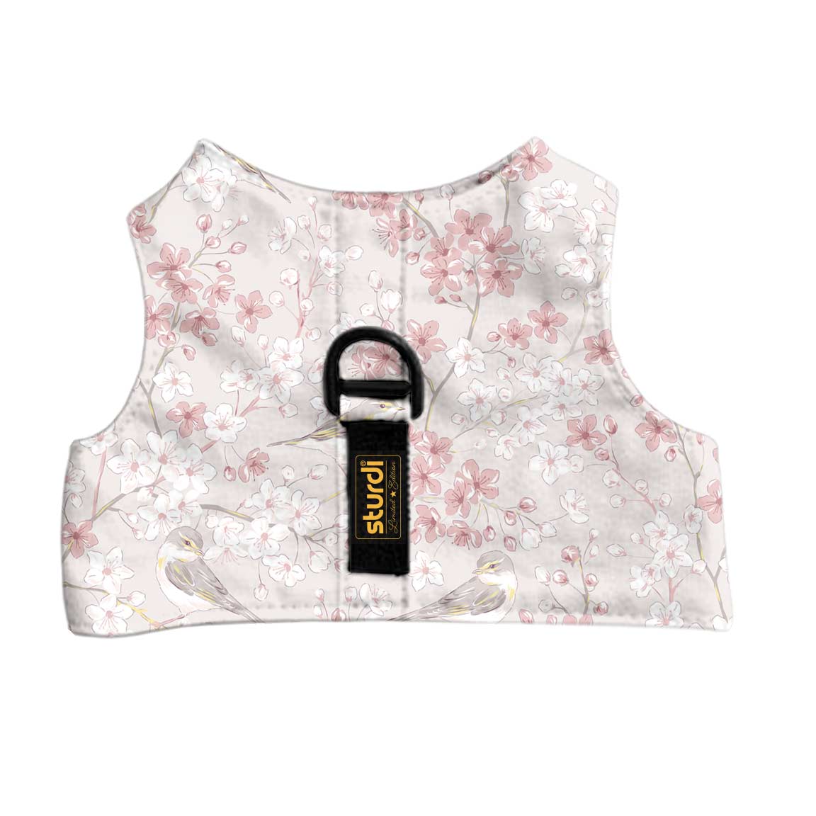 Sturdi Walking Vest in a light pink cherry blossom print with a black D-ring and logo tag.
