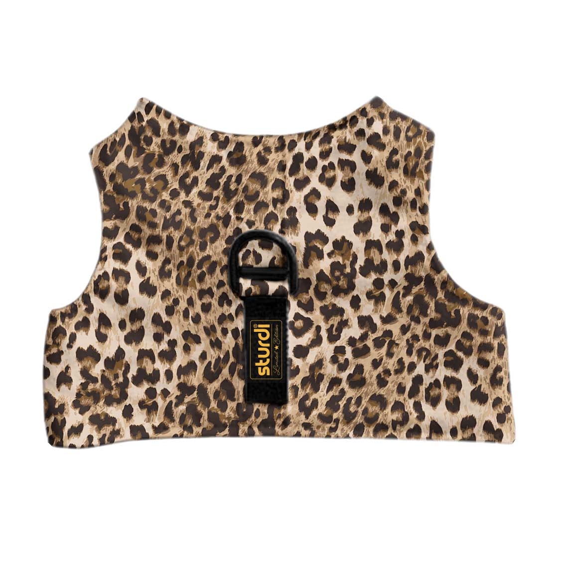 Leopard print micro-suede pet walking vest with a black D-ring and "sturdi" brand tag.