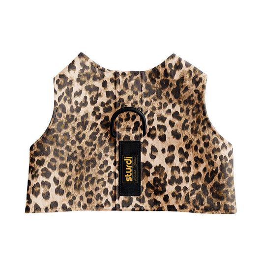Sturdi leopard print walking vest for pets, made of soft micro-suede polyester with a black D-ring.