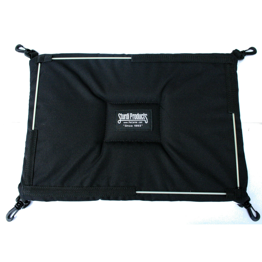 Black fleece pet hammock with Sturdi Products logo, four corner clips, and support rods.