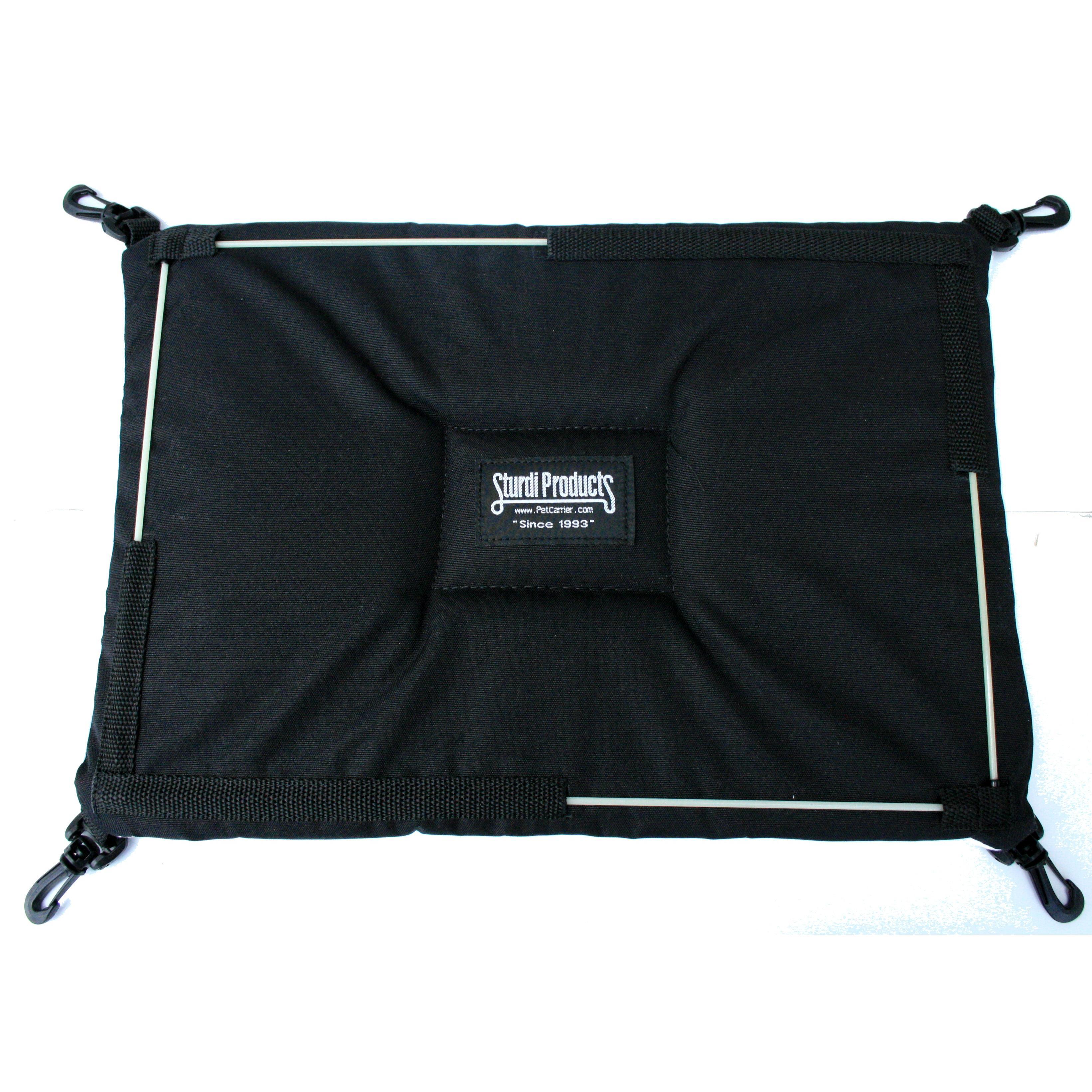 Black fleece pet hammock with Sturdi Products logo, four corner clips, and support rods.