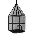 Black two-tier mesh pet pyramid hammock with zippered doors and adjustable strap.