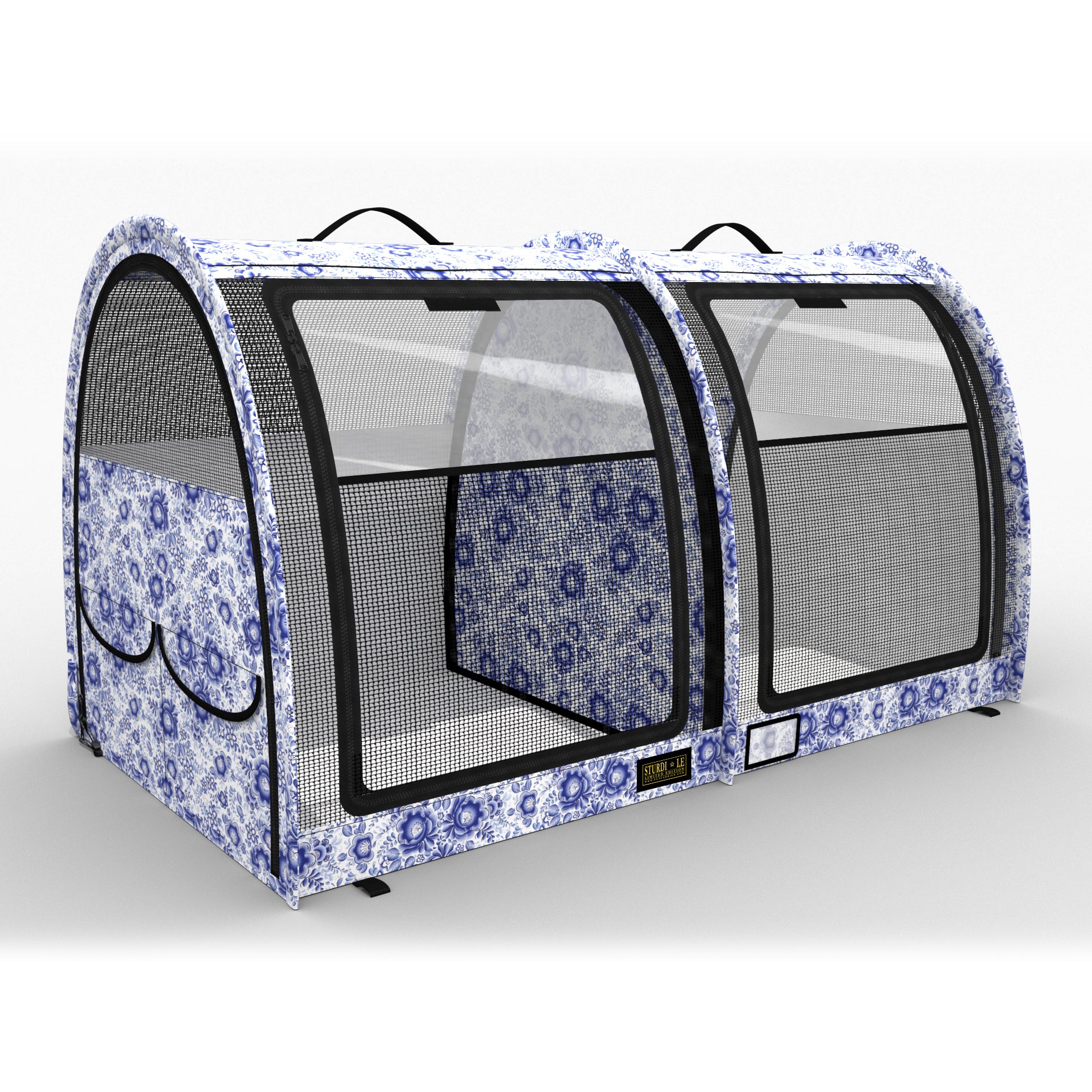 Double medium pop-up pet kennel in blue and white floral fabric with mesh doors and carrying handles.