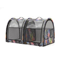 Double medium pop-up pet kennel in a colorful galaxy print with mesh doors and carrying handles.