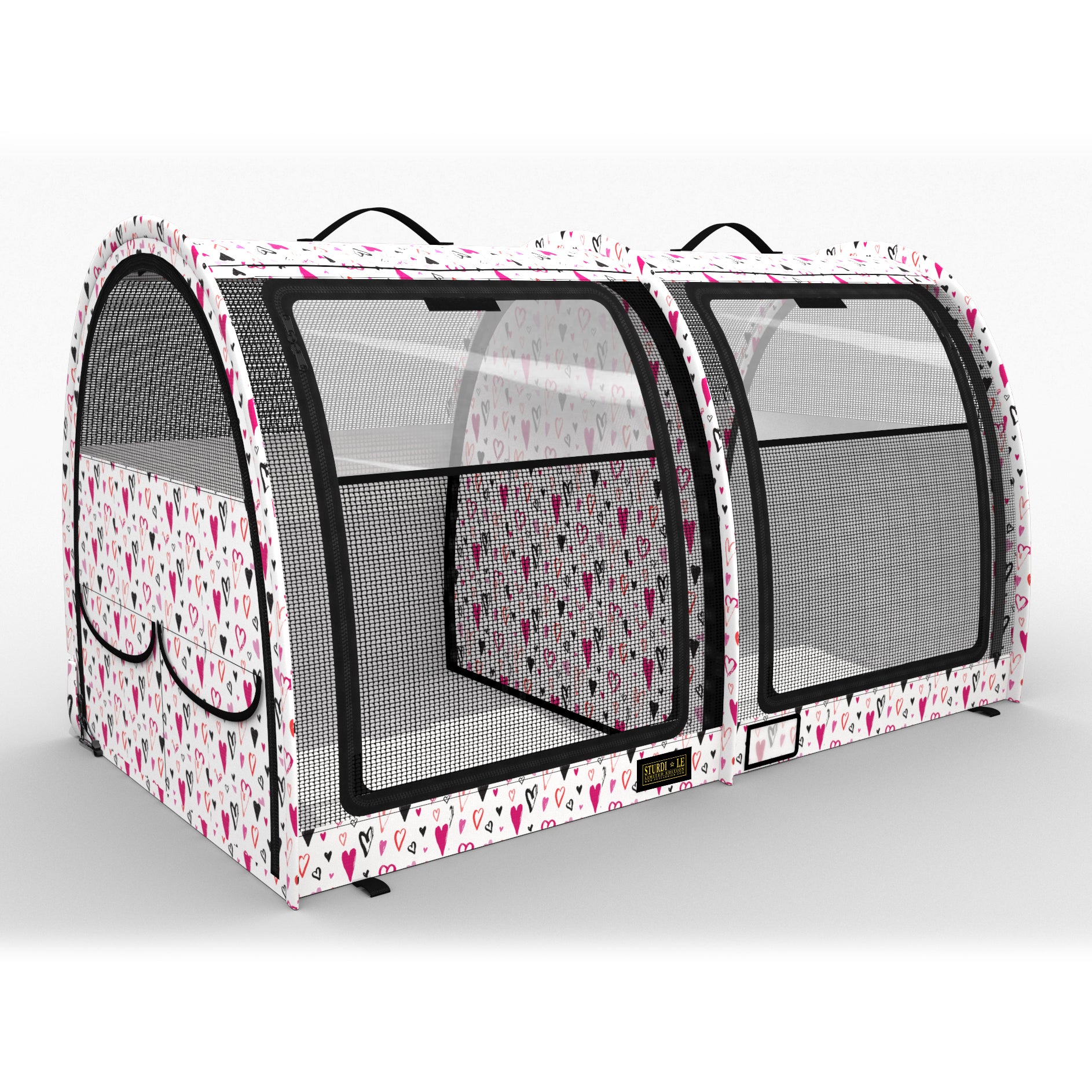 White LE Pop-Up Kennel with pink and red hearts, double-door design, and black mesh windows.