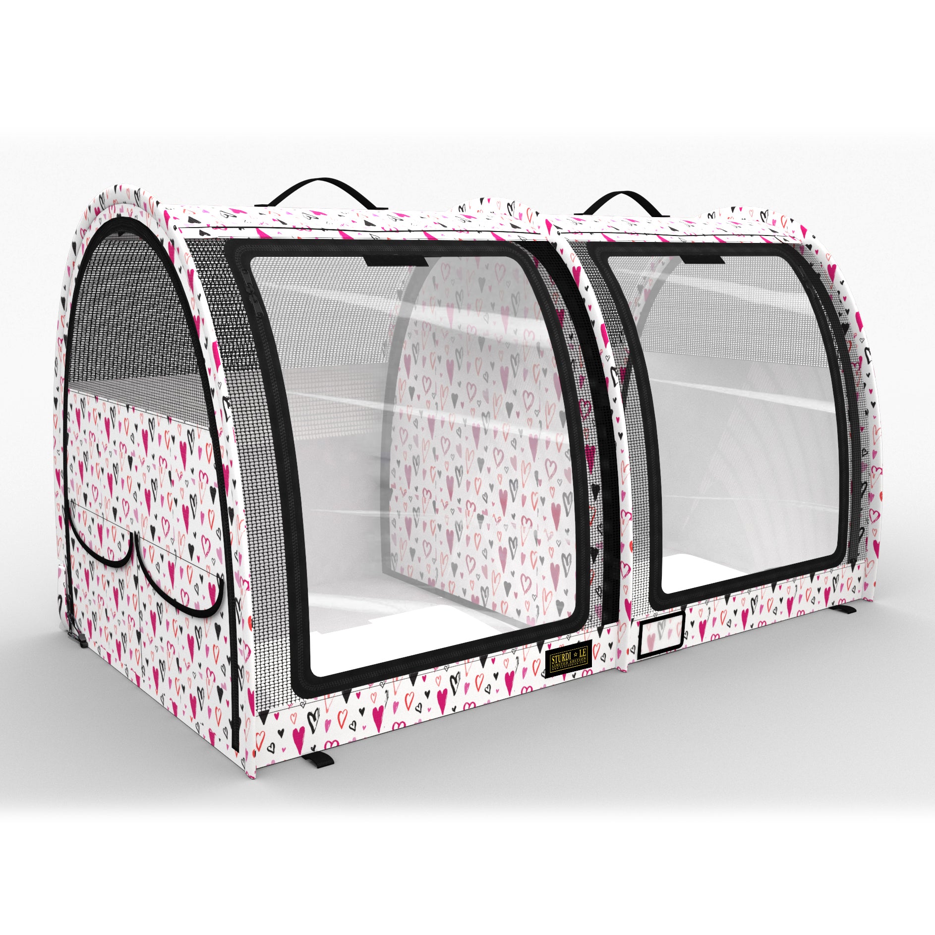 White pop-up double pet kennel with pink and red heart pattern, mesh doors, and black handles.