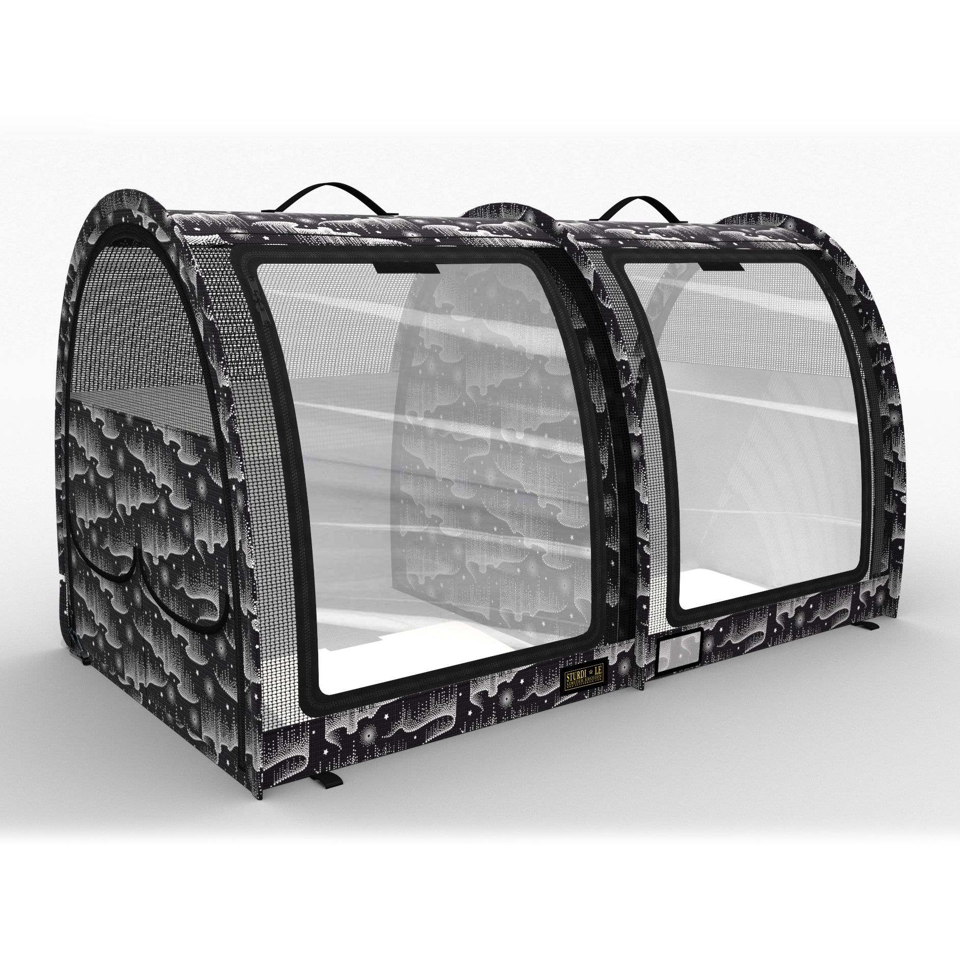 Black and white patterned double pop-up pet kennel with mesh windows and top handles.